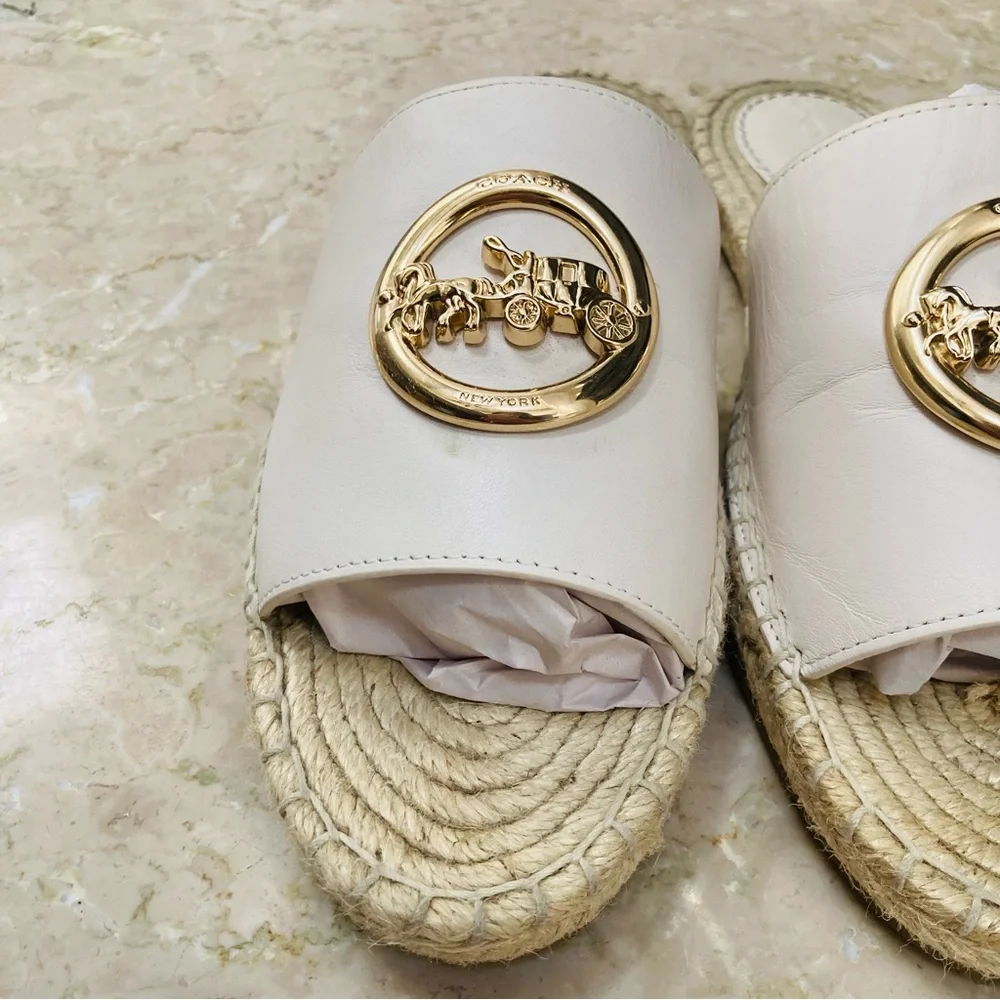 Coach White Leather Espadrille Slide Sandals with Gold Logo